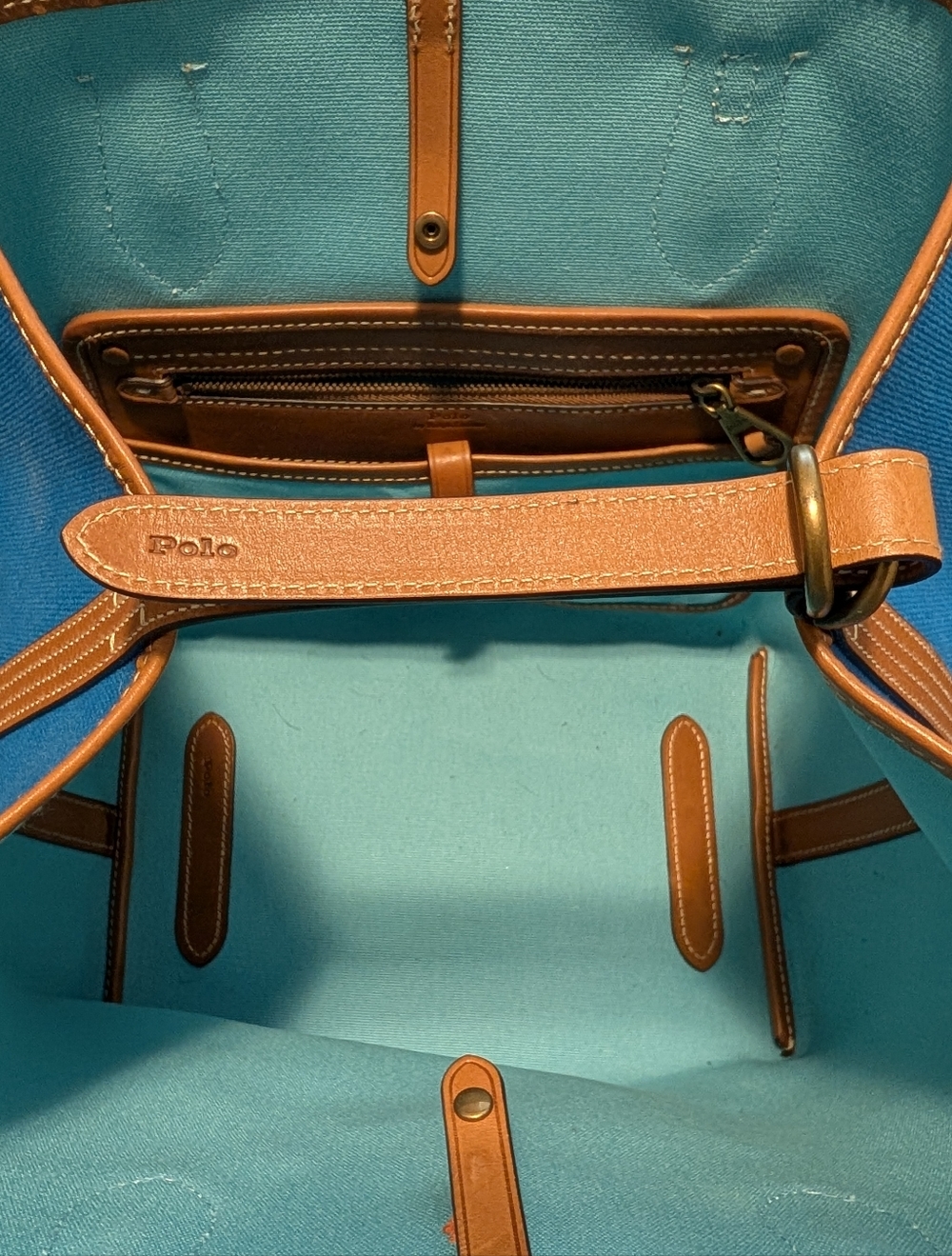Ralph Lauren Bellport Reversible Turquoise Canvas Tote with Tan Leather Trim - Picture 5 of 6